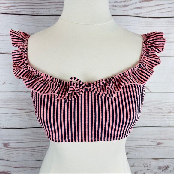 Xhilaration off shoulder ruffle navy pink top - Picture 1 of 11
